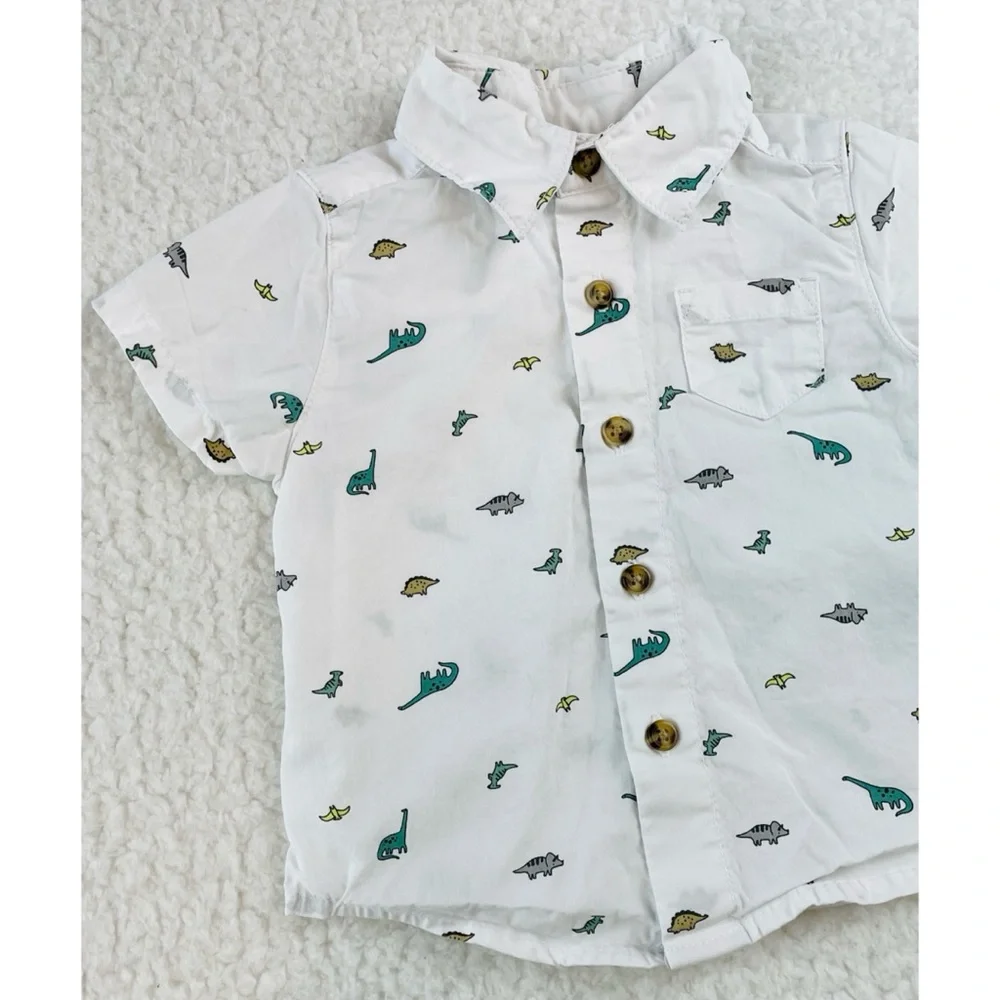 CARTER’S • White/Multi Dinosaur Print Button-Down Short Sleeve Shirt, 3M